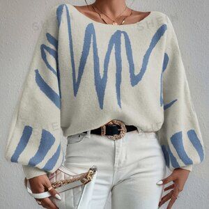Graphic pattern Blue & White sweater- Lantern Sleeve - XS